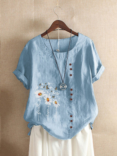 Suvised vabaaja karikakratrükiga lahtised T-särgid Vintage Plus Size ümara kaelusega lühikeste varrukatega pluusiga topsid naistele S-5XL
