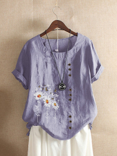 Suvised vabaaja karikakratrükiga lahtised T-särgid Vintage Plus Size ümara kaelusega lühikeste varrukatega pluusiga topsid naistele S-5XL