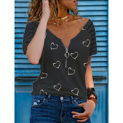 Didelio dydžio moteriškas užtrauktukas trumpomis rankovėmis 1/2 užtrauktuku Madinga palaidinė moteriška Vasarinė laisvalaikio V formos kaklo tunika Viršutiniai marškinėliai Aukštos kokybės drabužiai