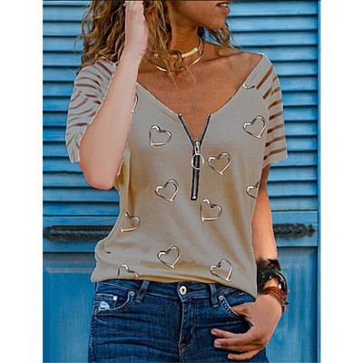 Didelio dydžio moteriškas užtrauktukas trumpomis rankovėmis 1/2 užtrauktuku Madinga palaidinė moteriška Vasarinė laisvalaikio V formos kaklo tunika Viršutiniai marškinėliai Aukštos kokybės drabužiai