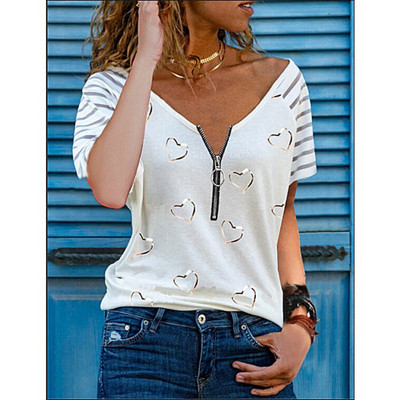 Didelio dydžio moteriškas užtrauktukas trumpomis rankovėmis 1/2 užtrauktuku Madinga palaidinė moteriška Vasarinė laisvalaikio V formos kaklo tunika Viršutiniai marškinėliai Aukštos kokybės drabužiai