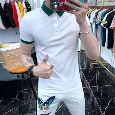 Férfi galléros pólók Streetwear felső csíkos fekete vintage ruházat póló férfi póló Sima Trashy Y2k S Pamut fehér Xl