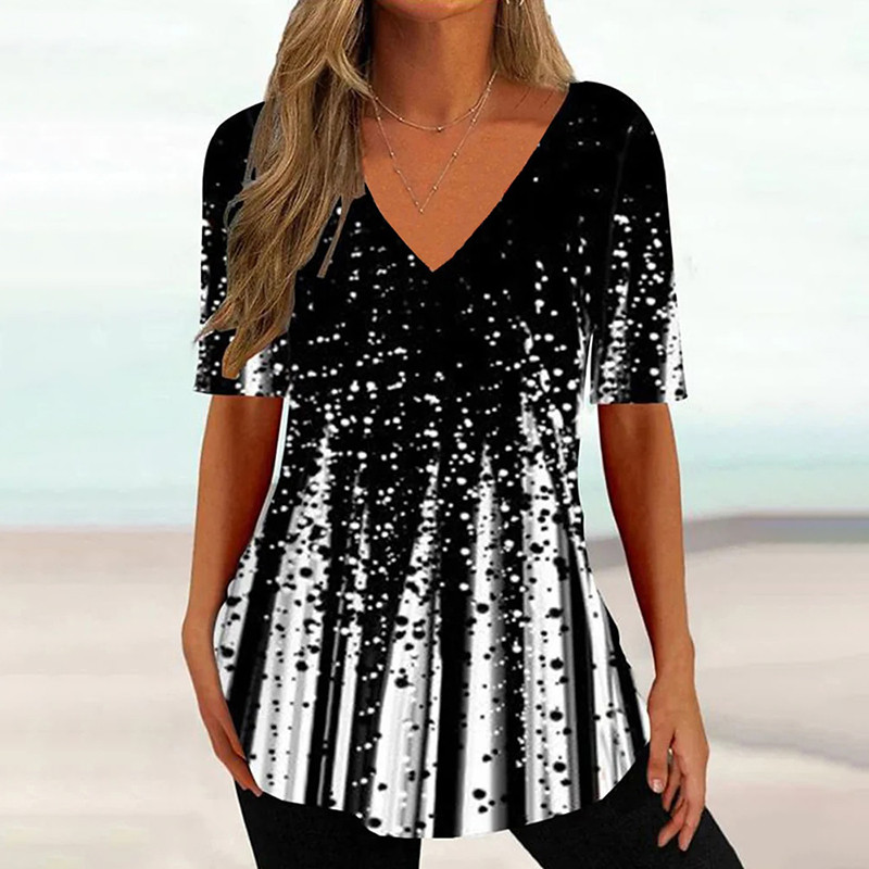 2023 Νέο γυναικείο μπλουζάκι με λαιμόκοψη V με μοτίβο λουλουδιών με κοντό μανίκι καλοκαιρινό, καθημερινό αναπνεύσιμο, αναζωογονητικό T-shirt Y2K κορυφαίας τάσης