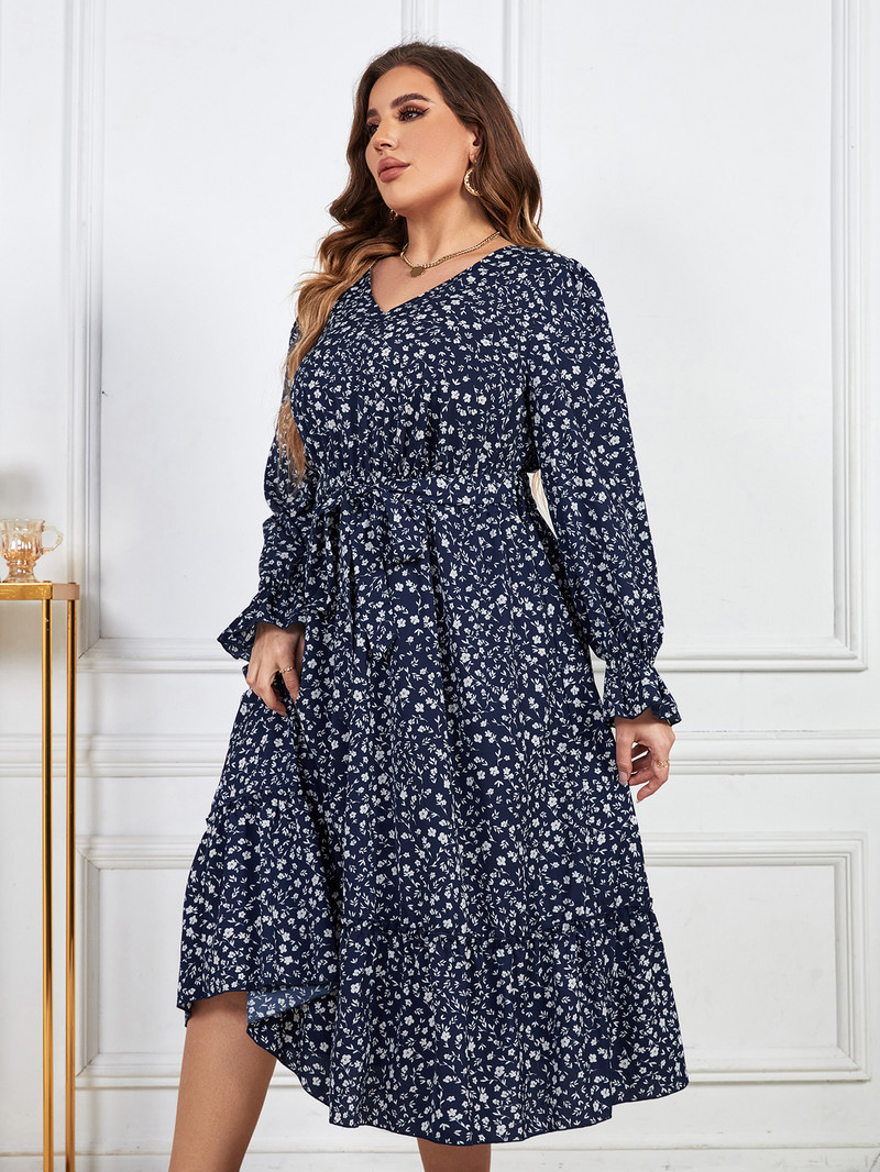 Liela izmēra sieviešu kleitas ar garām piedurknēm V kakla halāts ar ziedu apdruku vidukļa aukliņu kleita rudens volāniem Sieviešu eleganta auduma kleita