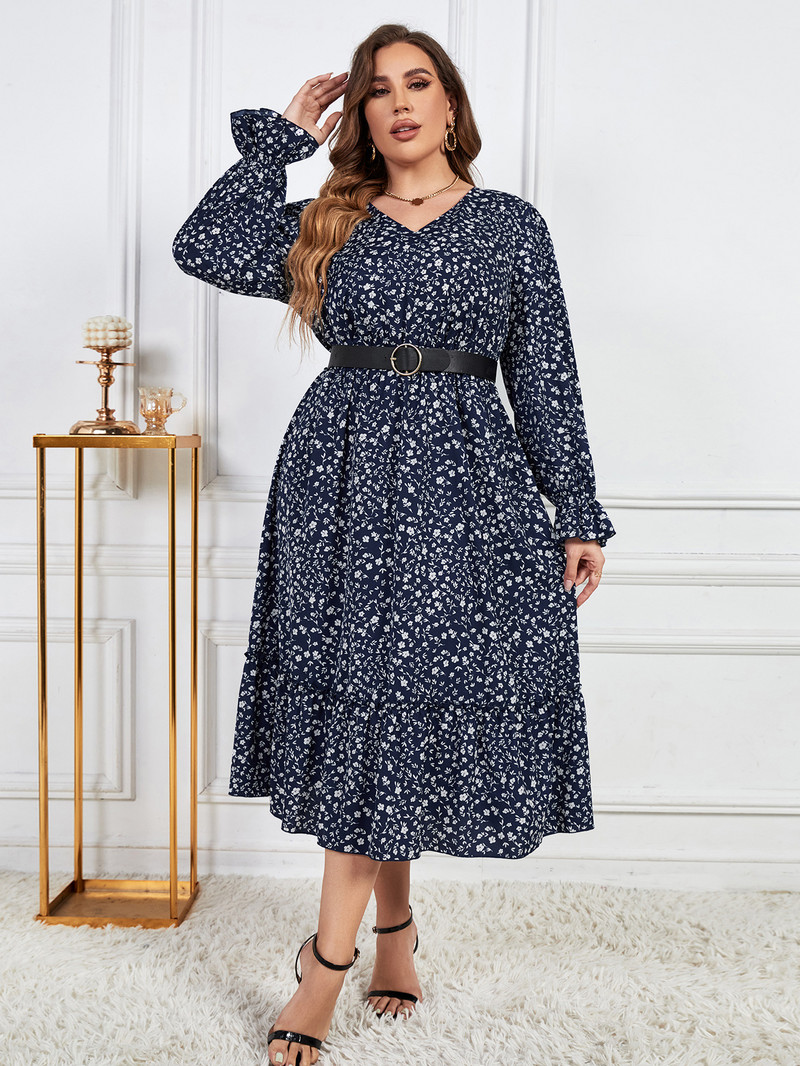 Liela izmēra sieviešu kleitas ar garām piedurknēm V kakla halāts ar ziedu apdruku vidukļa aukliņu kleita rudens volāniem Sieviešu eleganta auduma kleita