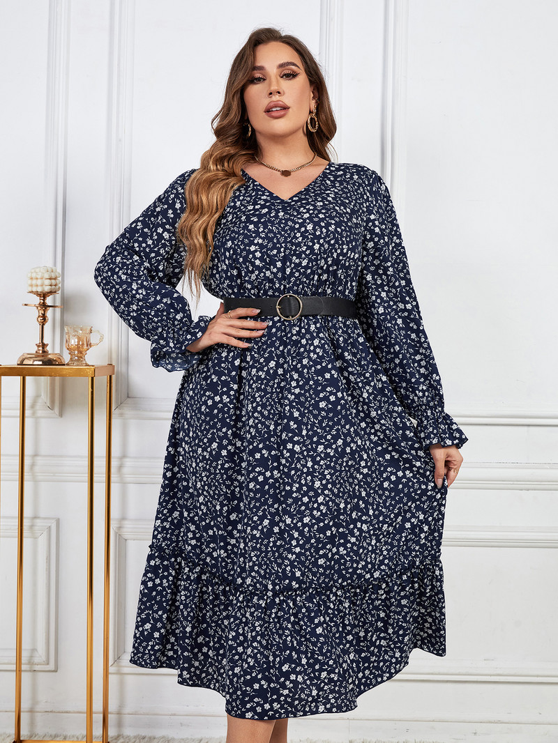 Liela izmēra sieviešu kleitas ar garām piedurknēm V kakla halāts ar ziedu apdruku vidukļa aukliņu kleita rudens volāniem Sieviešu eleganta auduma kleita