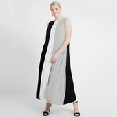 Nagy méretű ujjatlan elegáns, hosszú maxi nyári ruha, nyakkendős, osztott színű blokk, egyenes partiruha nagy méretű munkahelyi irodai ruha