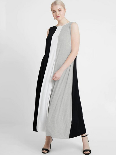 Nagy méretű ujjatlan elegáns, hosszú maxi nyári ruha, nyakkendős, osztott színű blokk, egyenes partiruha nagy méretű munkahelyi irodai ruha