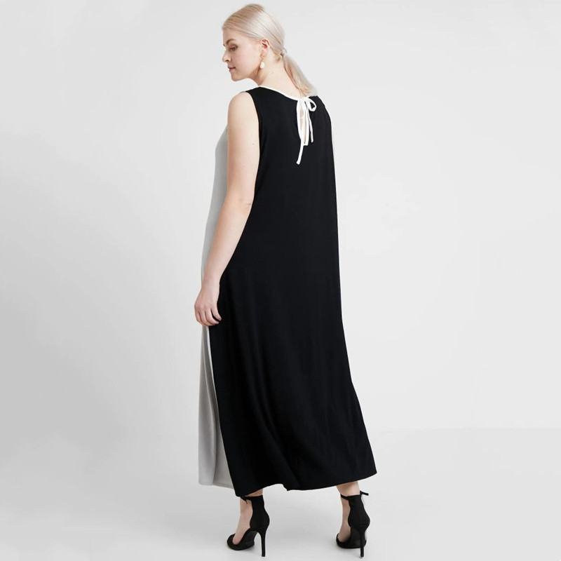 Nagy méretű ujjatlan elegáns, hosszú maxi nyári ruha, nyakkendős, osztott színű blokk, egyenes partiruha nagy méretű munkahelyi irodai ruha