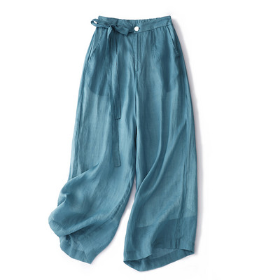 Μπλε λινό μασίφ Casual ελαστικό ψηλόμεσο κορδόνι με φαρδύ φαρδύ γυναικείο παντελόνι Κορεατική μόδα παντελόνι μέχρι τον αστράγαλο για γυναίκες 2023