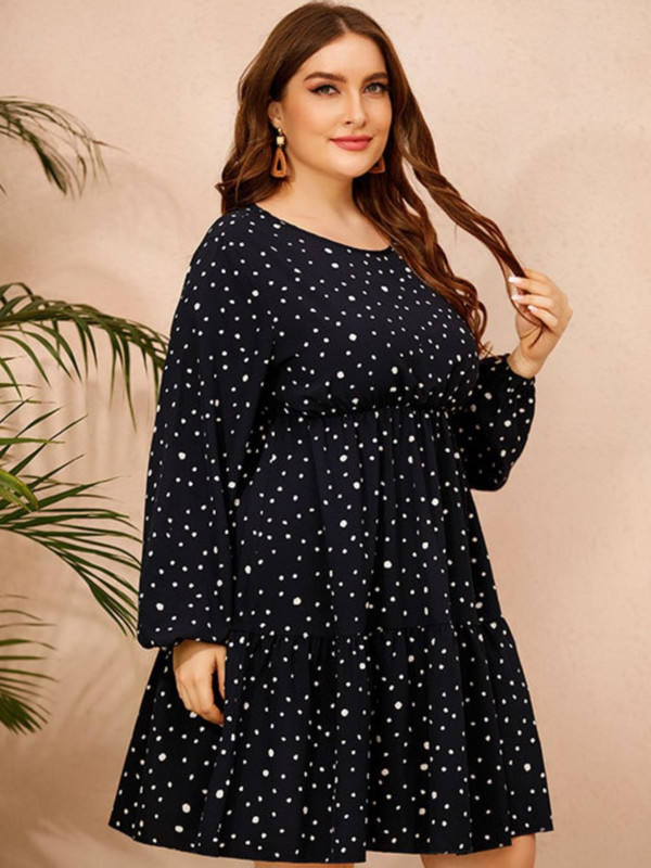 Rochie midi de toamnă de dimensiuni plus mari pentru femei, cu mânecă lungă, cu buline, rochii casual de damă, la modă largi, plisată, rochie de femeie 2023