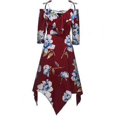 Női ruhák Nagy méretű Midi ruha Vállon 3/4 ujjú sifon virágmintás ruha Elöl fűzős, szabálytalan szegésű ruha