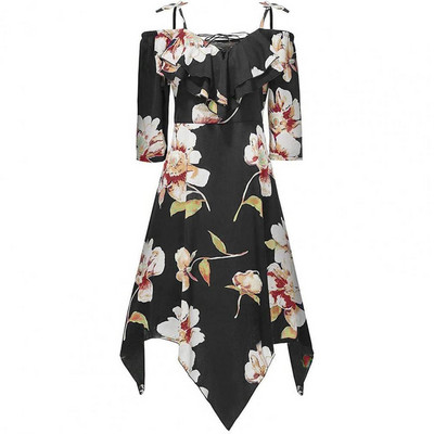 Női ruhák Nagy méretű Midi ruha Vállon 3/4 ujjú sifon virágmintás ruha Elöl fűzős, szabálytalan szegésű ruha