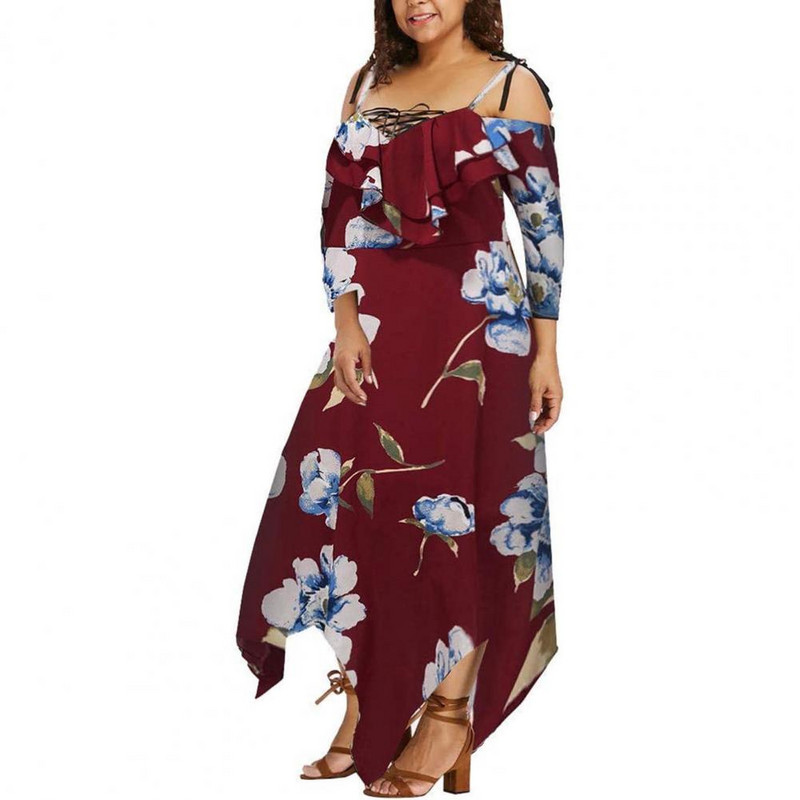 Női ruhák Nagy méretű Midi ruha Vállon 3/4 ujjú sifon virágmintás ruha Elöl fűzős, szabálytalan szegésű ruha