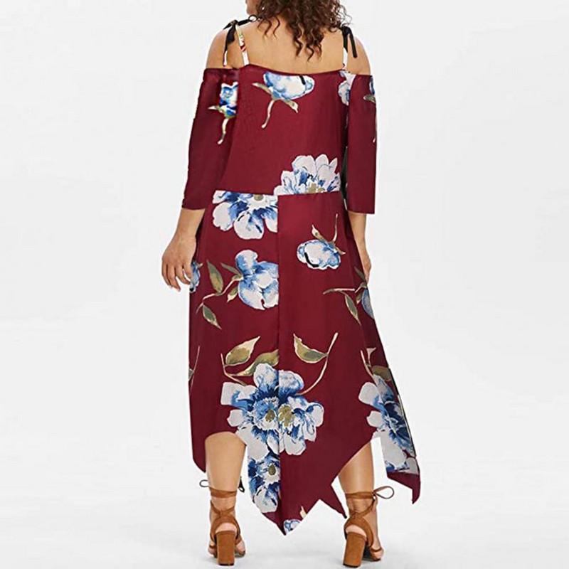 Női ruhák Nagy méretű Midi ruha Vállon 3/4 ujjú sifon virágmintás ruha Elöl fűzős, szabálytalan szegésű ruha