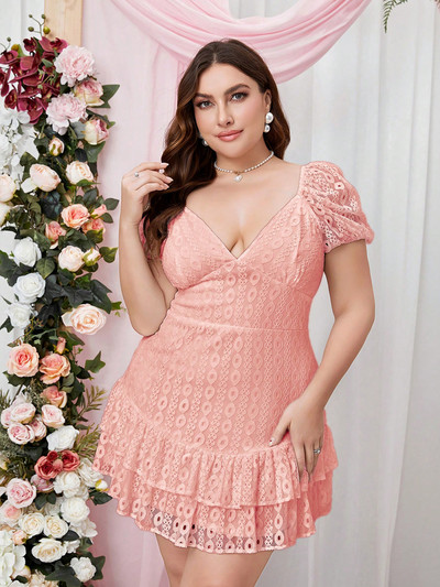 Cinemore vasaras kleitas sievietēm 2023 Liela izmēra apģērbs ar dziļu V kakla izgriezumu, pūšām piedurknēm Jauka, salda kūkas kleita, volānveida apakšmala, sieviešu kleita 9802