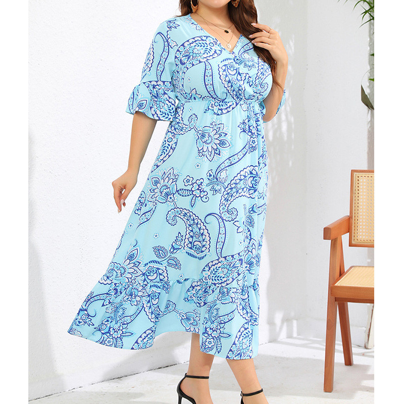 Odjeća velikih veličina Ženska midi haljina s V-izrezom i šarenim volanima s plisiranim plisiranim motivima kratkih rukava za plažu.