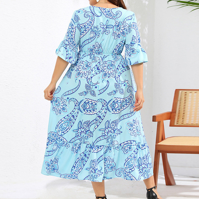 Odjeća velikih veličina Ženska midi haljina s V-izrezom i šarenim volanima s plisiranim plisiranim motivima kratkih rukava za plažu.