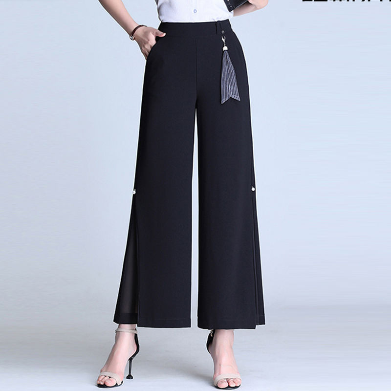 Pantaloni lați elastici din șifon cu talie înaltă de vară pentru femei Pantaloni tăiați de modă, pantaloni de costum subțiri, versatili, respirabili