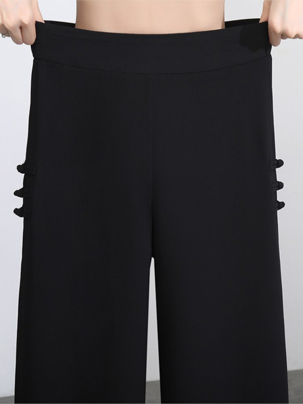 ZUZK Pantaloni din șifon pentru femei cu deschidere laterală, pantaloni de vară cu talie subțire elastică, pantaloni lați, pantaloni șic, pantaloni în nouă puncte în stil chinezesc