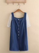 Nagy méretű női ruhák puha, vékony farmer szoknya hálós csipke puffos ujjú rövid ujjú patchwork nyári térdig érő ruha 3XL-5XL