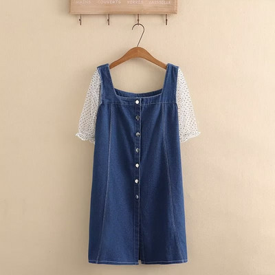 Nagy méretű női ruhák puha, vékony farmer szoknya hálós csipke puffos ujjú rövid ujjú patchwork nyári térdig érő ruha 3XL-5XL