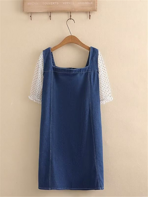 Nagy méretű női ruhák puha, vékony farmer szoknya hálós csipke puffos ujjú rövid ujjú patchwork nyári térdig érő ruha 3XL-5XL