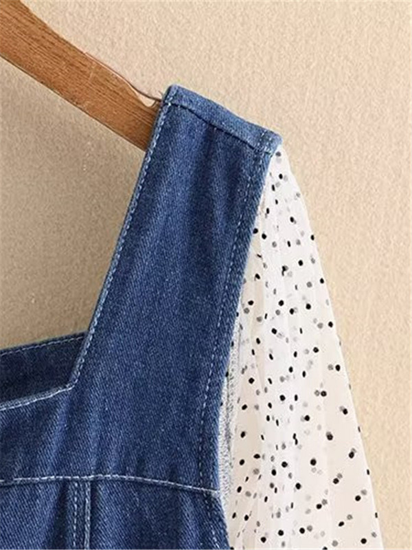 Nagy méretű női ruhák puha, vékony farmer szoknya hálós csipke puffos ujjú rövid ujjú patchwork nyári térdig érő ruha 3XL-5XL