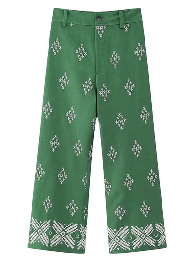 TRAFZA női 2024 tavaszi nyár széles nadrág, vászon hímzés magas derékkal, zsebes cipzárral női vintage alkalmi bő nadrág