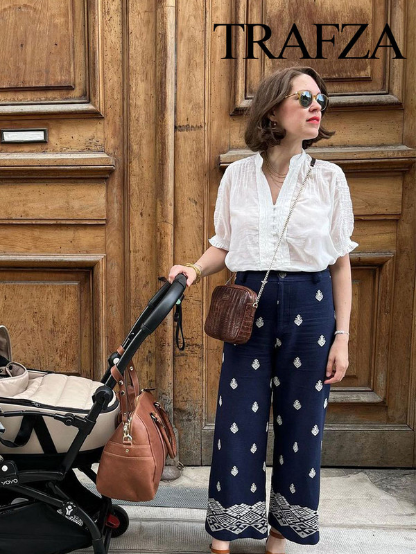 TRAFZA női 2024 tavaszi nyár széles nadrág, vászon hímzés magas derékkal, zsebes cipzárral női vintage alkalmi bő nadrág
