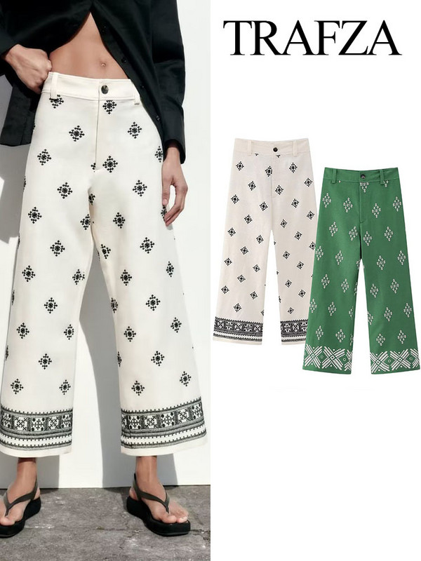 TRAFZA női 2024 tavaszi nyár széles nadrág, vászon hímzés magas derékkal, zsebes cipzárral női vintage alkalmi bő nadrág