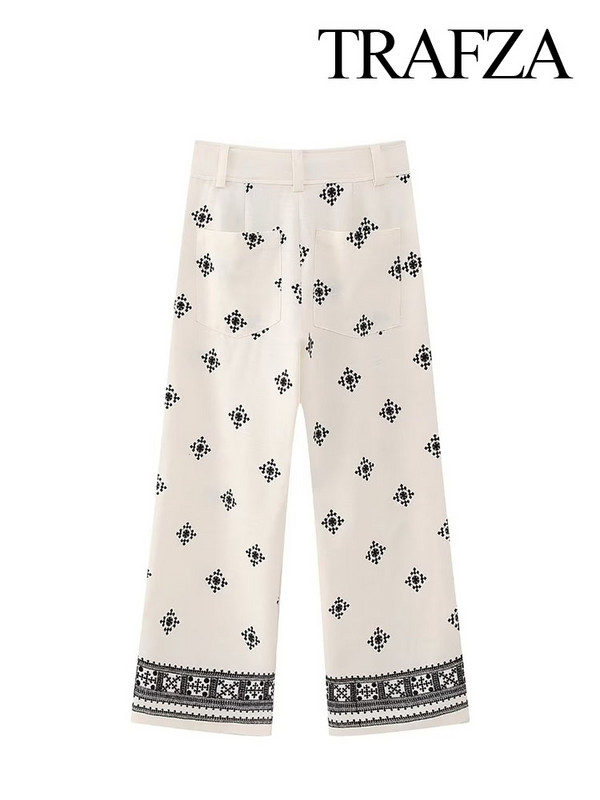 TRAFZA női 2024 tavaszi nyár széles nadrág, vászon hímzés magas derékkal, zsebes cipzárral női vintage alkalmi bő nadrág