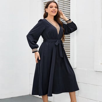 Della Mel Plus Size Γυναικεία Μακρυμάνικα Φόρεμα Αστικό Γραφείο V Λαιμόκοψη Κομψά Γυναικεία Βραδινά Μακριά Φορέματα Casual Party σε γραμμή Α