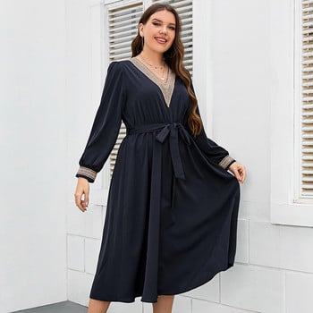 Della Mel Plus Size Γυναικεία Μακρυμάνικα Φόρεμα Αστικό Γραφείο V Λαιμόκοψη Κομψά Γυναικεία Βραδινά Μακριά Φορέματα Casual Party σε γραμμή Α