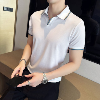 2023. gada vasara, jauna stila vīriešu ikdienas, šauras piedurknes, vienkrāsains POLO krekls britu plānās atloka krāsas zils T-krekls Polo S-4XL