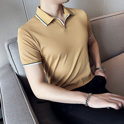 2023. gada vasara, jauna stila vīriešu ikdienas, šauras piedurknes, vienkrāsains POLO krekls britu plānās atloka krāsas zils T-krekls Polo S-4XL