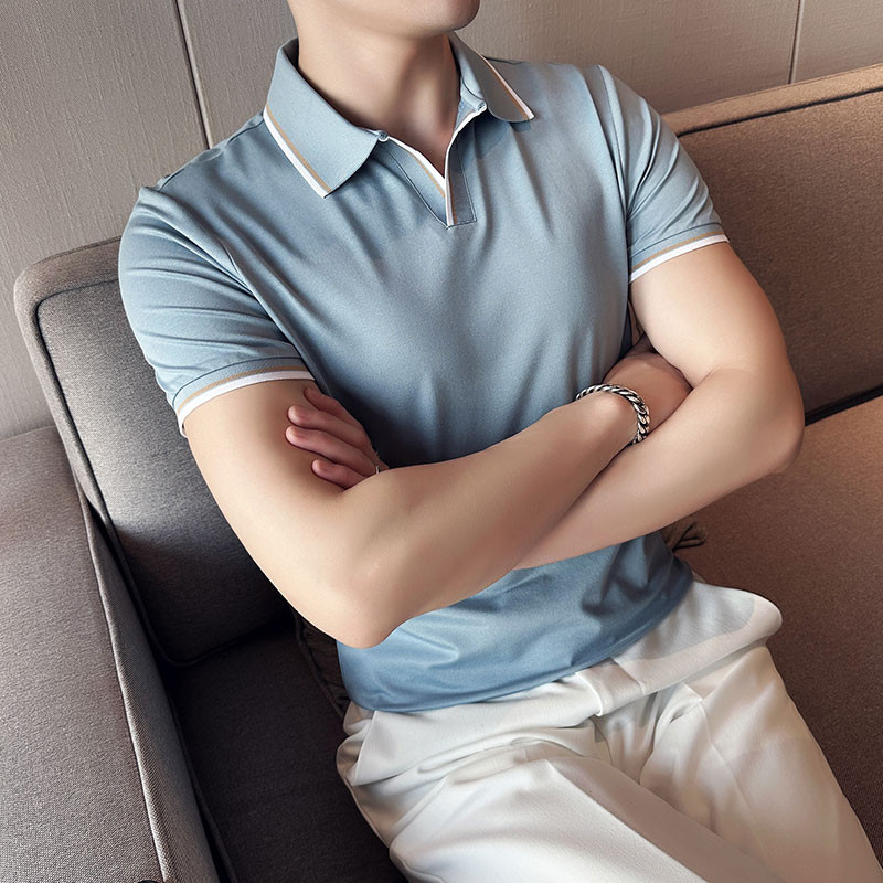 2023. gada vasara, jauna stila vīriešu ikdienas, šauras piedurknes, vienkrāsains POLO krekls britu plānās atloka krāsas zils T-krekls Polo S-4XL
