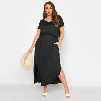 Suures suuruses V-kaelusega elegantne suvine vabaajakleit lühikeste varrukatega elastne vöökoht Maxi sirge kleit, poolitatud küljega nädalavahetuse rannakleit 6XL