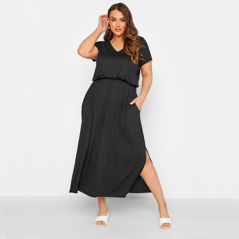 Elegantna ljetna ležerna haljina plus veličine s V-izrezom, maksi ravna haljina kratkih rukava s elastičnim strukom, vikend haljina za plažu s podijeljenim stranama 6XL