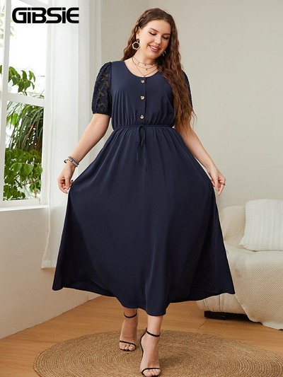 GIBSIE Nagy méretű tömör gombos elülső csipke, felfújt ujjú ruha, elegáns, csomós, magas derekú női A-vonalú, hétköznapi nyári hosszú ruhák 2022-hez