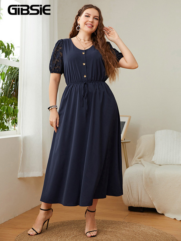 GIBSIE Nagy méretű tömör gombos elülső csipke, felfújt ujjú ruha, elegáns, csomós, magas derekú női A-vonalú, hétköznapi nyári hosszú ruhák 2022-hez