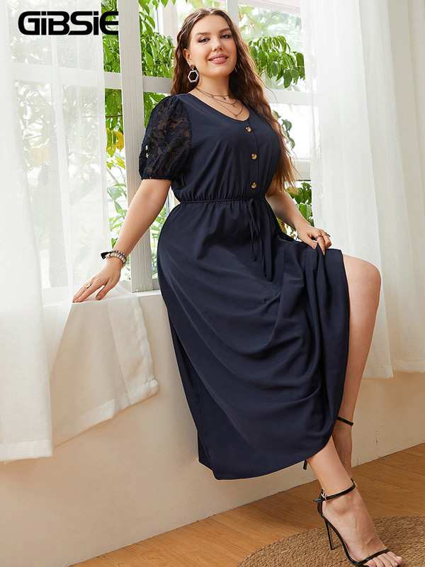 GIBSIE Nagy méretű tömör gombos elülső csipke, felfújt ujjú ruha, elegáns, csomós, magas derekú női A-vonalú, hétköznapi nyári hosszú ruhák 2022-hez