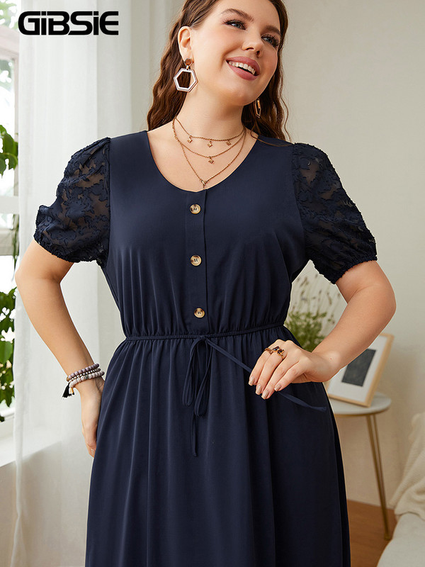 GIBSIE Nagy méretű tömör gombos elülső csipke, felfújt ujjú ruha, elegáns, csomós, magas derekú női A-vonalú, hétköznapi nyári hosszú ruhák 2022-hez