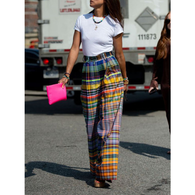 Freeacy sieviešu vintage daudzkrāsu rūtainas platas bikses ar augstu vidukli, brīvas ikdienas ielas apģērba apakšdaļas sieviešu garajām biksēm