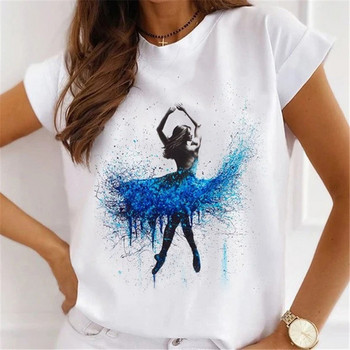 Νέο Fashion Ink Ballet Print Γυναικείο κοντομάνικο πουκάμισο Καλοκαιρινό O-neck Casual Γυναικείο T-shirt Soft Modal Oversized Ρούχα 24598