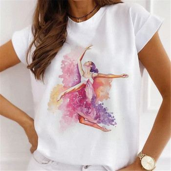 Νέο Fashion Ink Ballet Print Γυναικείο κοντομάνικο πουκάμισο Καλοκαιρινό O-neck Casual Γυναικείο T-shirt Soft Modal Oversized Ρούχα 24598