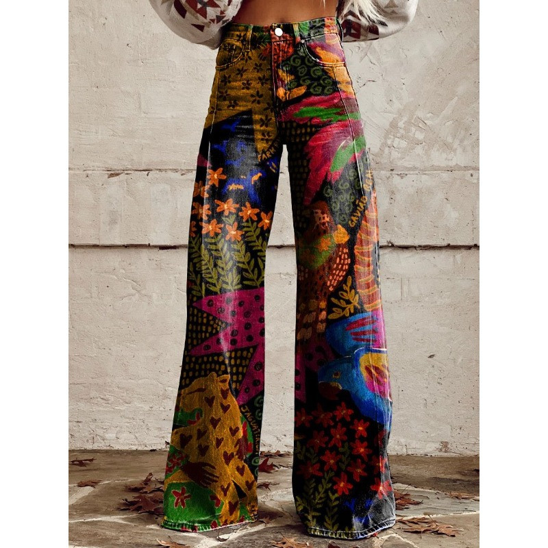 Sieviešu vintage ziedu apdrukas ikdienas bikses ar platām kājām leopards acteku ielas apģērbs Bohemia sieviešu bikses brīvas ballīšu bikses lielizmēra