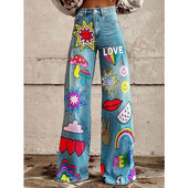 Naiste sinise lapilise mustriga prinditud vabaaja laia säärega püksid vintage värvi lillelised suvepüksid naljakad pehmed laia säärega püksid suures suuruses