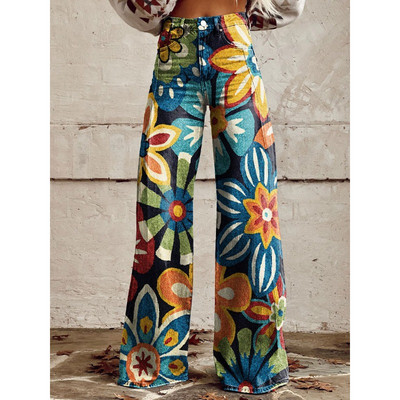 Naiste sinise lapilise mustriga prinditud vabaaja laia säärega püksid vintage värvi lillelised suvepüksid naljakad pehmed laia säärega püksid suures suuruses