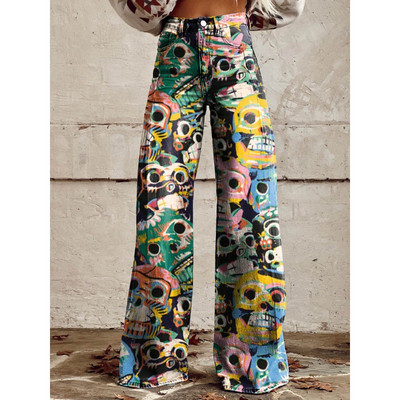 Naiste sinise lapilise mustriga prinditud vabaaja laia säärega püksid vintage värvi lillelised suvepüksid naljakad pehmed laia säärega püksid suures suuruses